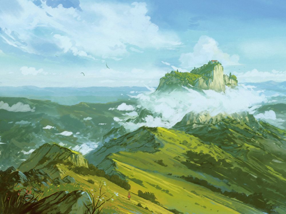 Digital landscape panting of some greenish mountains.