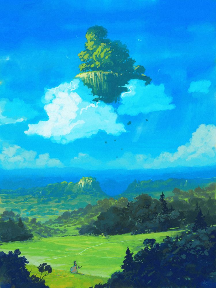 Random digital painting of some wooded hills. A pot-shaped piece of the land is missing from the mountains in the background. We can actually see it floating in the sky. In the foreground, below, a person is holding a watering can.