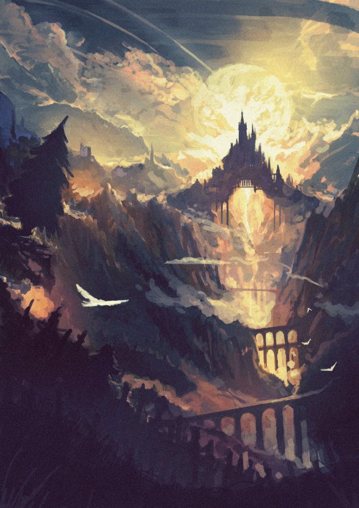 Super rough digital painting of a castle in some dark mountains.