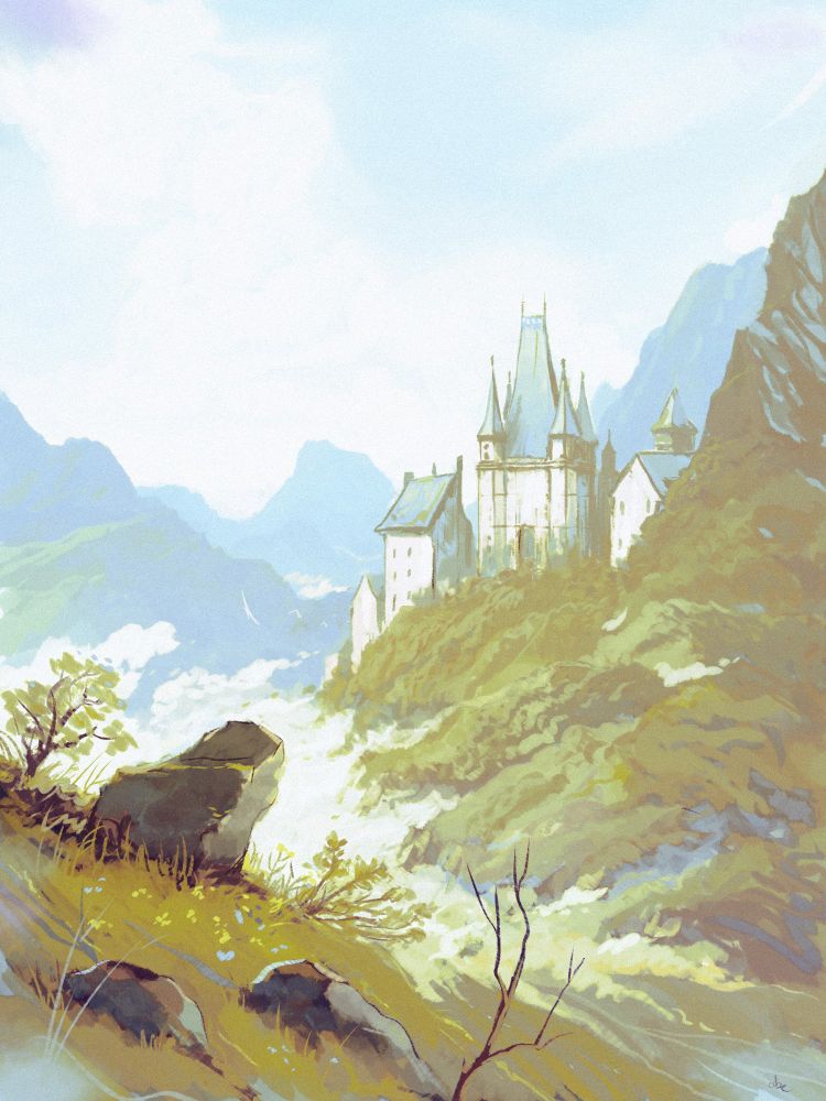 Soft colors landscape digital painting featuring a castle inspired by le château de Gaillon, France.