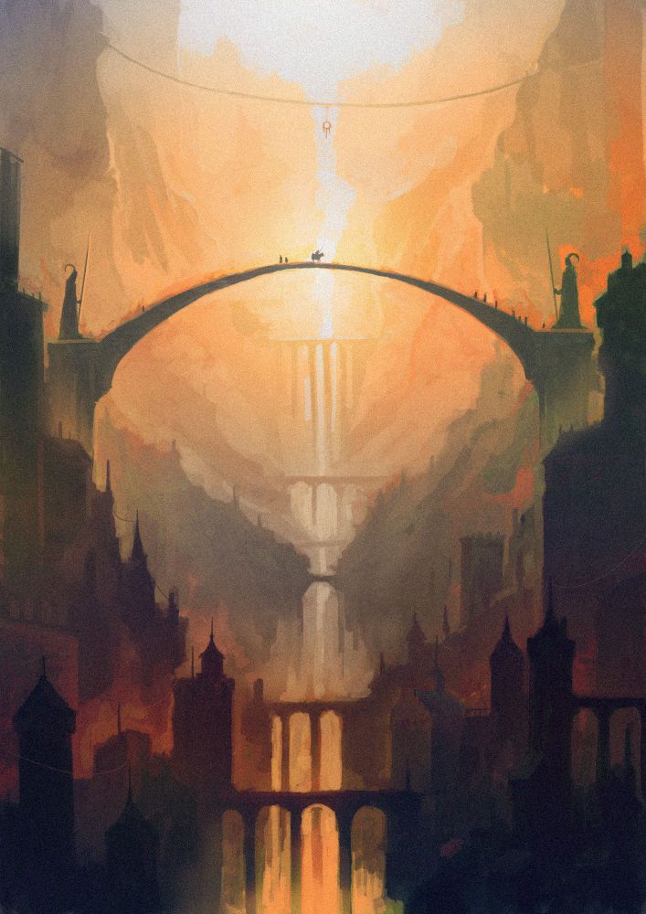 Random orange digital cityscape painting with a lot of bridges.