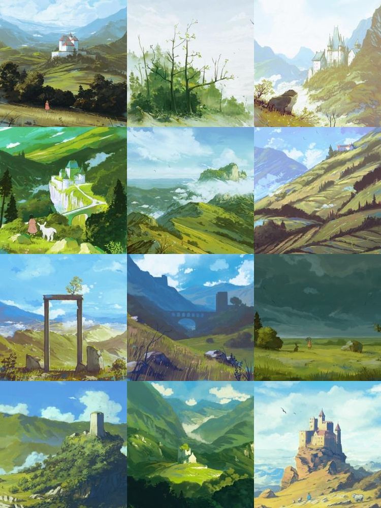 Collage of 12 landscape digital paintings.