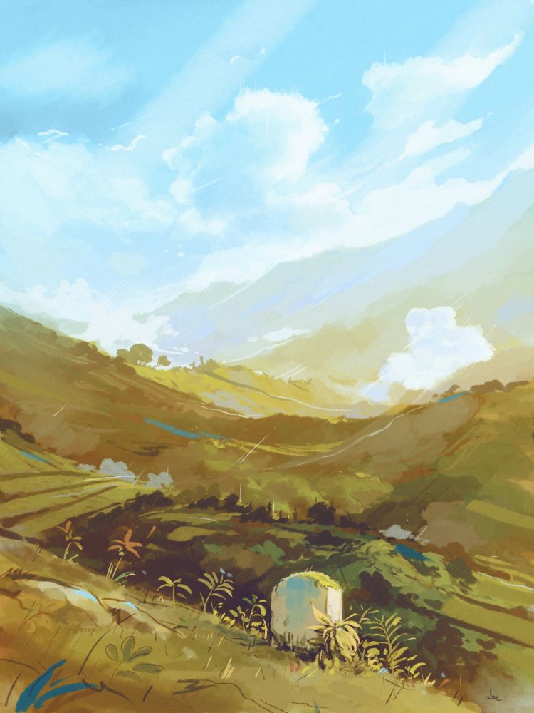 Rough digital painting of an old border stone lost in the mountain.