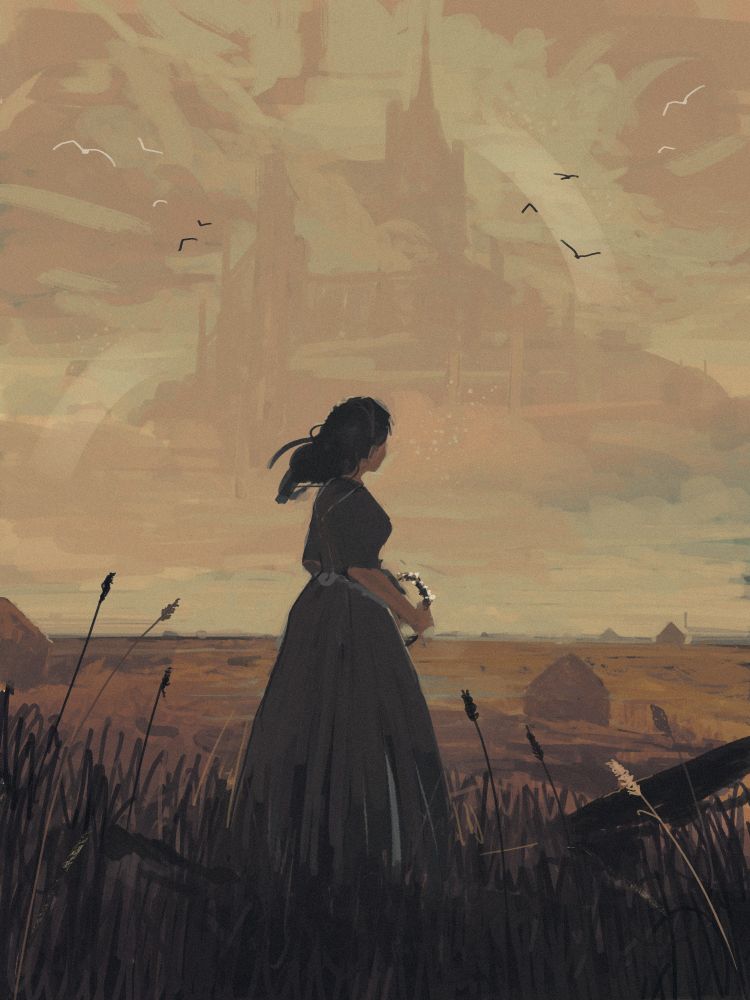 Rough digital painting of a woman standing in a golden field in front of some haystacks. In the background a castle rises from the fog.