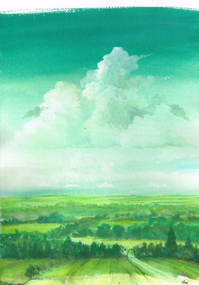 Gouache landscape painting. Some green fields view from above a cloudy sky.