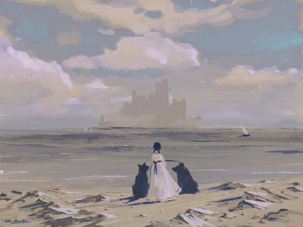 Digital painting of a girl with her two black dogs. She is wearing a white dress with a blue ruban. She is on a rocky beach, watching at the sea. A castle appears on the horizon behind a few sailboats.