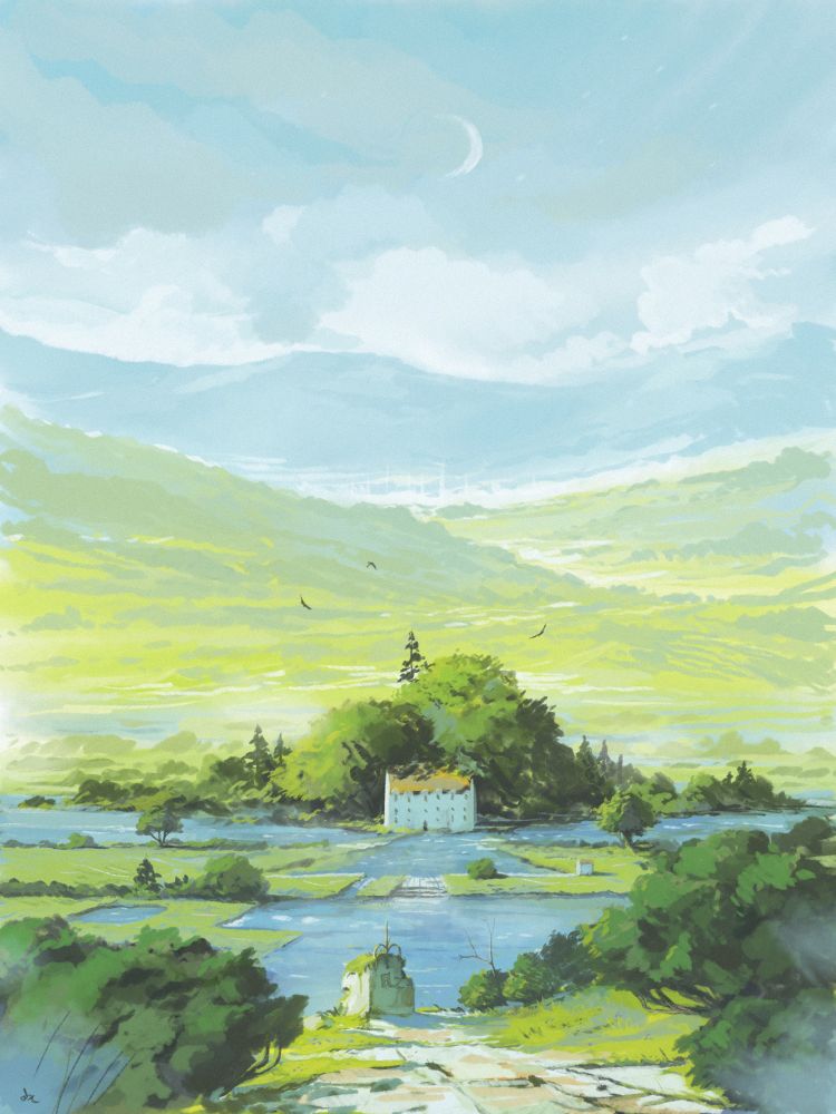 Rough digital painting of a tiny castle in a swamp surrounded by ponds, trees and fields. In the foreground, a pathway is leading there.
