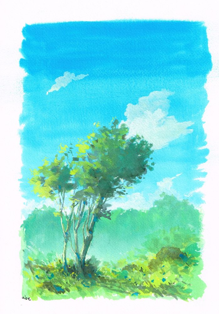Rough gouache painting of a green tree in front of a blue cloudy sky.