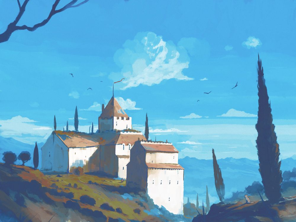 Random digital painting of a hamlet surrounded by cypresses. A little fox is hanging around.