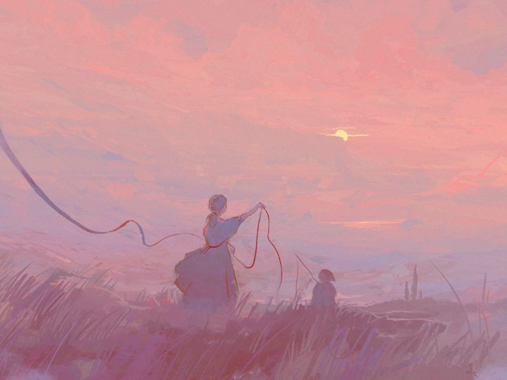 Random soft colors, kinda impressionist, digital painting. In the foreground, in a high grass field, a mother plays with her child's ruban. In the background the sun is setting giving the sky its classic pink/orange colors.
