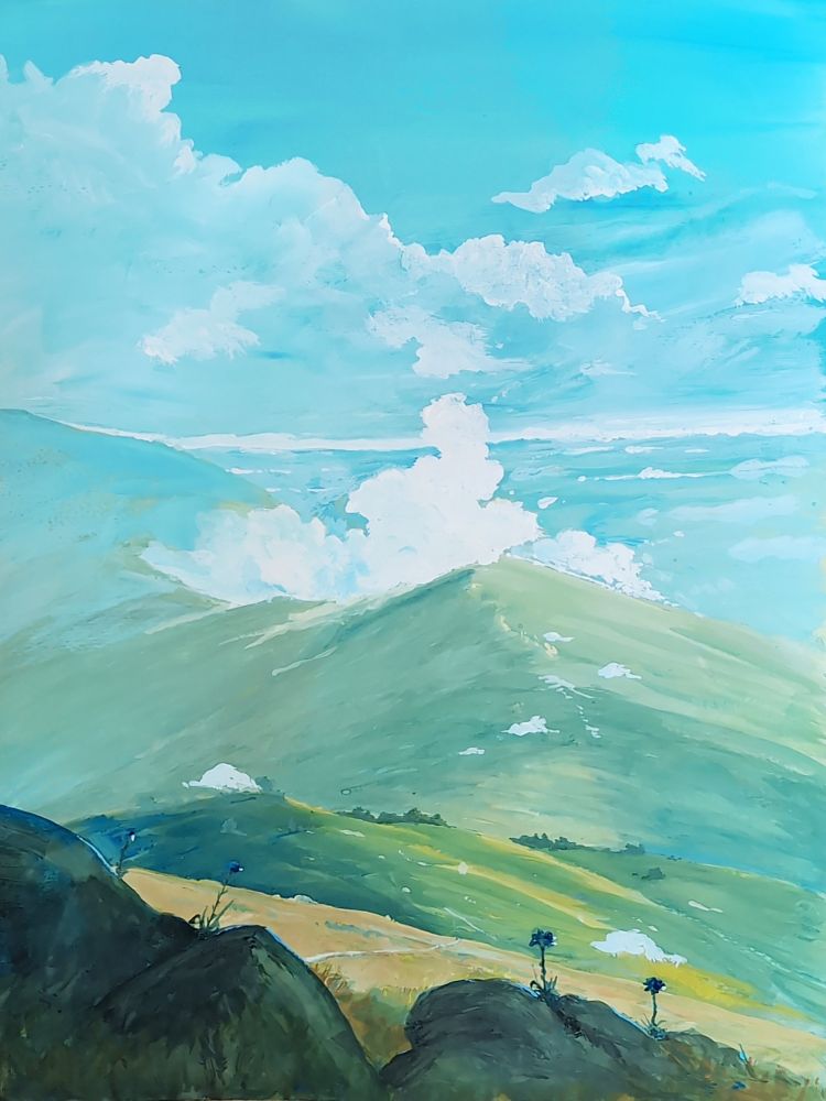 Basic landscape gouache painting (clouds, mountains and rocks)