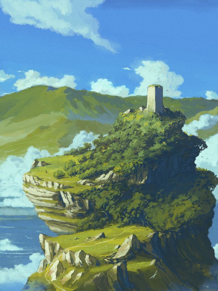 Digital painting of an old tower up a steep, greenish and rocky coast. A lonely tiny figure is walking toward it.
