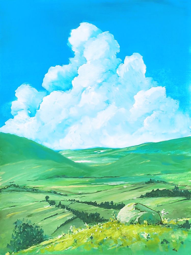Landscape gouache painting of some green hills