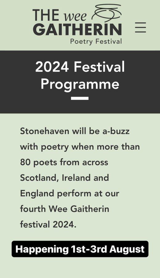 An introduction to the 2024 Wee Gaitherin Festival brochure, stating that Stonehaven will be a-buzz with poetry when more than 80 poets from across Scotland, Ireland and England perform at our fourth Wee Gaitherin festival 2024.