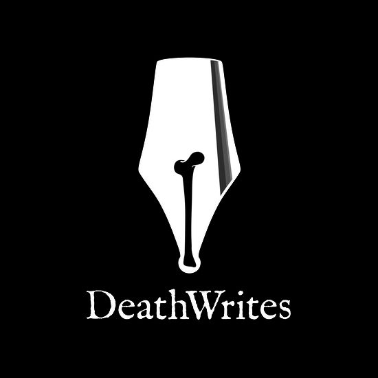 The logo for the DeathWrites Network in Scotland, which is a fountain pen nib incorporating a bone in the ink slot.