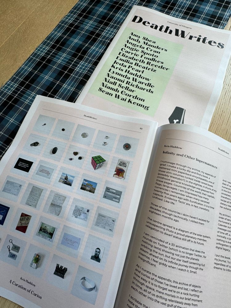 Copies of the DeathWrites newspaper with images from Kris Haddow’s project