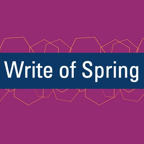 The logo for the University of Glasgow's Write of Spring event, a blue bar on a purple background with orange hexagons in the background.