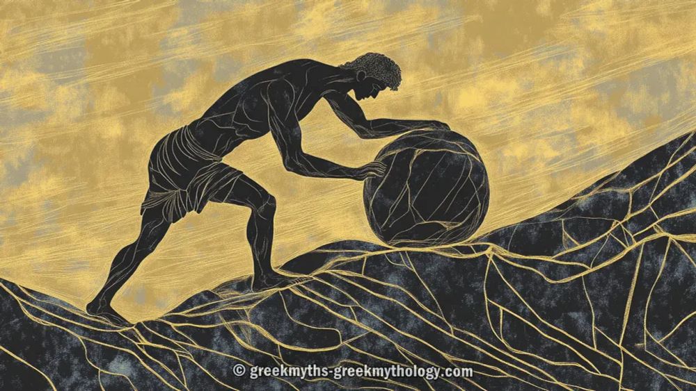 The figure of Sisyphus, pushing his rock uphill.