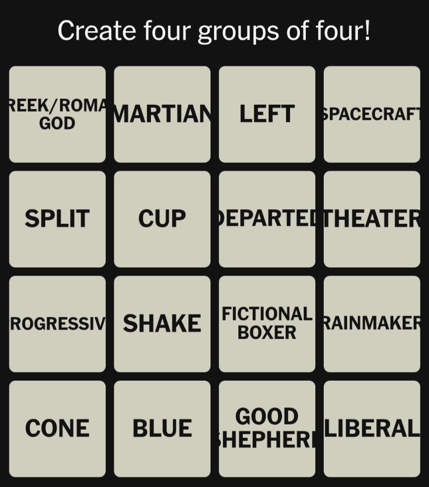 Connections puzzle with many words spilling out of the box, leaving me to guess what the missing parts are.