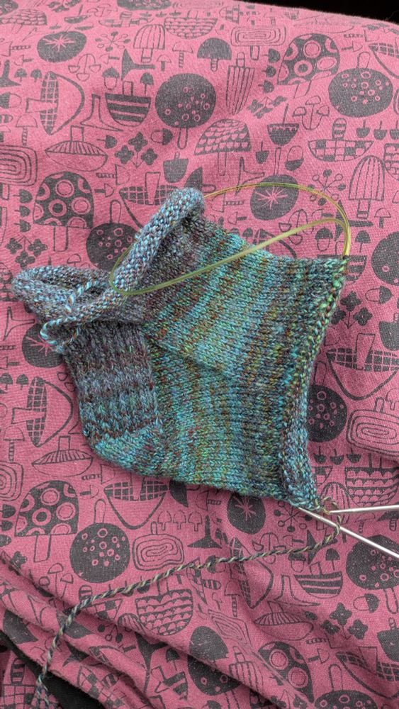 A half finished hand knit sock on a reddish purple background.  The sock is being knit from the cuff down, and the yarn is striped and marled in shades of blue, green, brown, and purple.  The fabric in the background is printed with stylized black mushrooms.