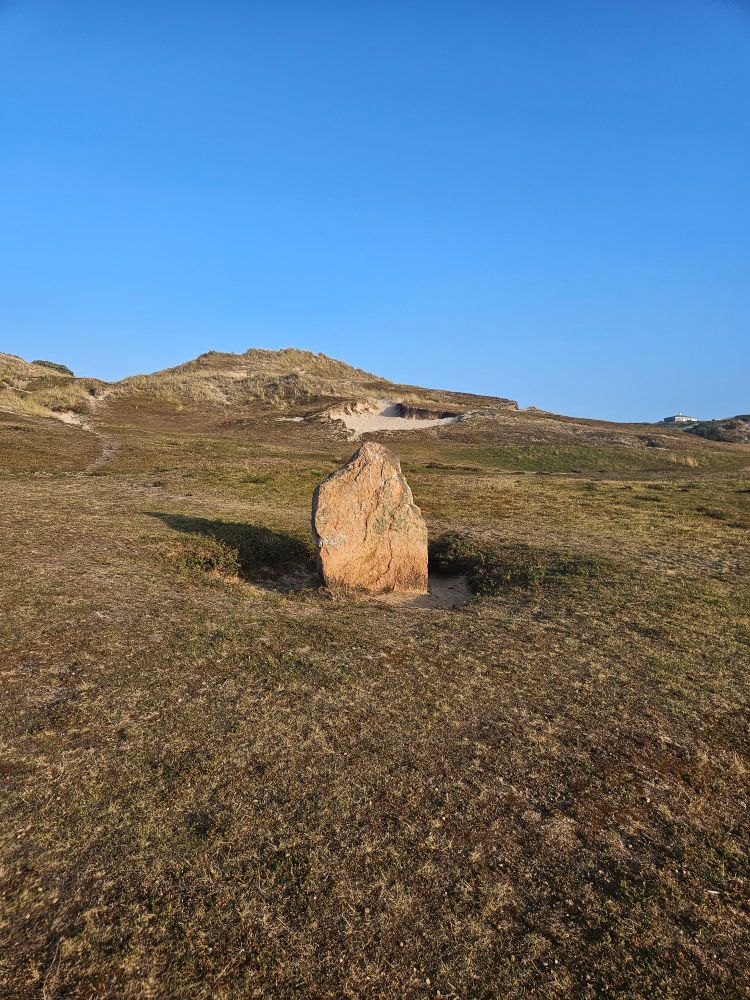 A standing stone sitting in a little depression on grassed over dunes