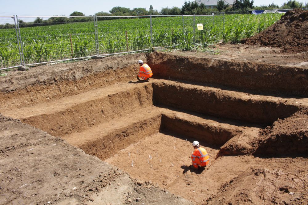 Two archaeologists in hi vis clothing, crouching excavating in a pit stepped down to 3m below ground level. Small white flags mark the position of artefacts. Beyond is metal fencing and field of green maize leaves.