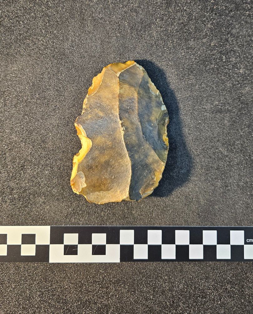 a stone artefact abut 11cm long by 6cm wide on a black background with a black and white scale