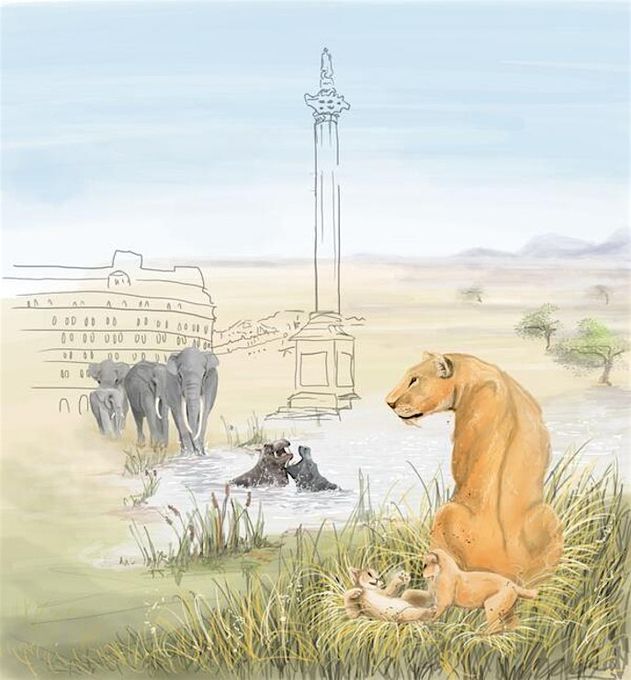 Artwork showing ghostly outlines of London buildings alongside extinct Ice Age animals
