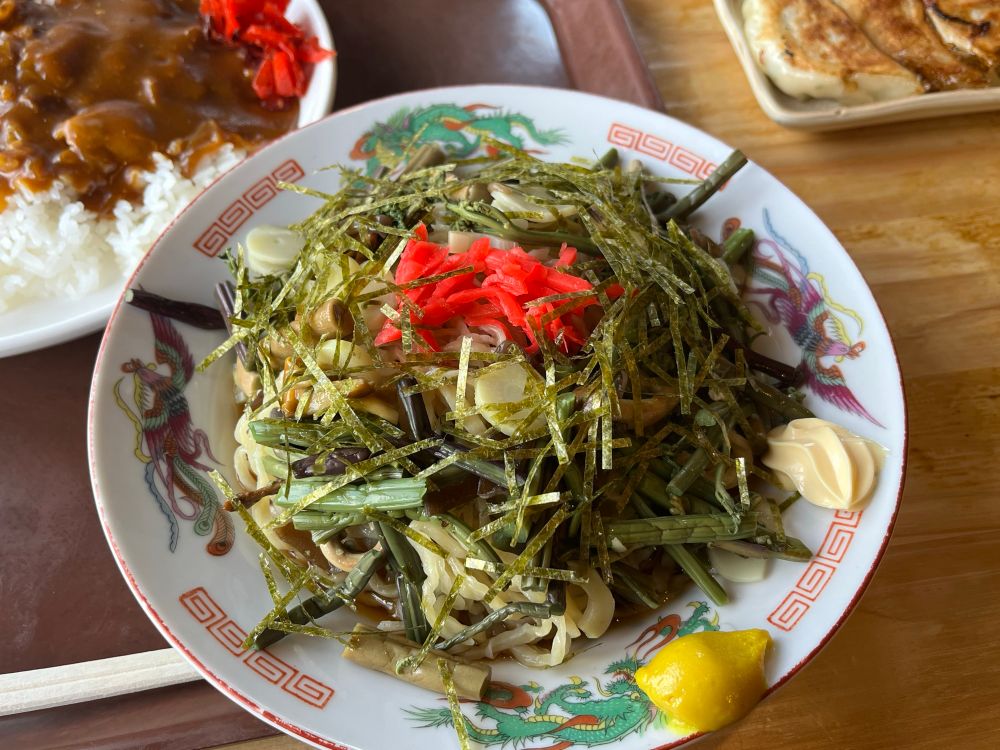 こちらの手打ち冷やし中華そばは奥多摩湖周辺の山から採れた山菜を使っていて、細めのちぢれ麺がスープと良く絡みついてとても美味しかったです😋
掲載はしてませんが、最終的にはマヨネーズと一緒にぐちゃぐちゃに混ぜてからしを付けながら食べました😋