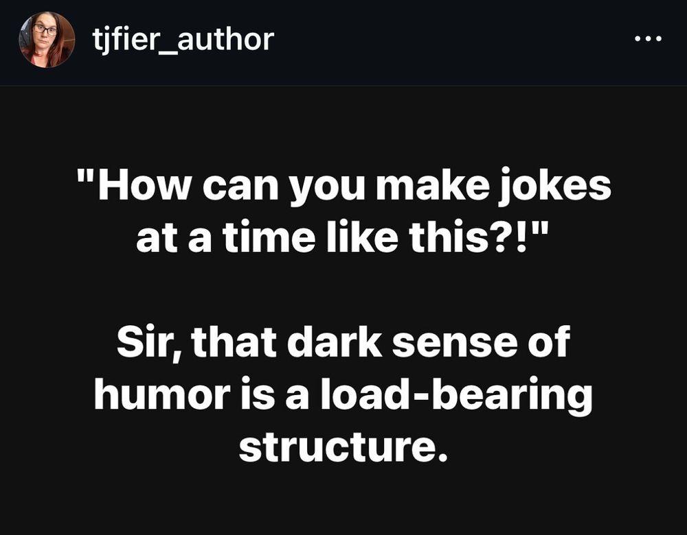 A post shared by @tjfier_author on Instagram which reads “How can you make jokes at a time like this?!” Sir, that dark sense of humour is a load-bearing structure.
