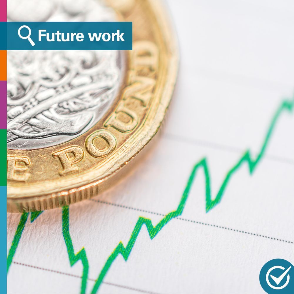 Text says: Future Work. Image: a one-pound coin on top of a green line graph.