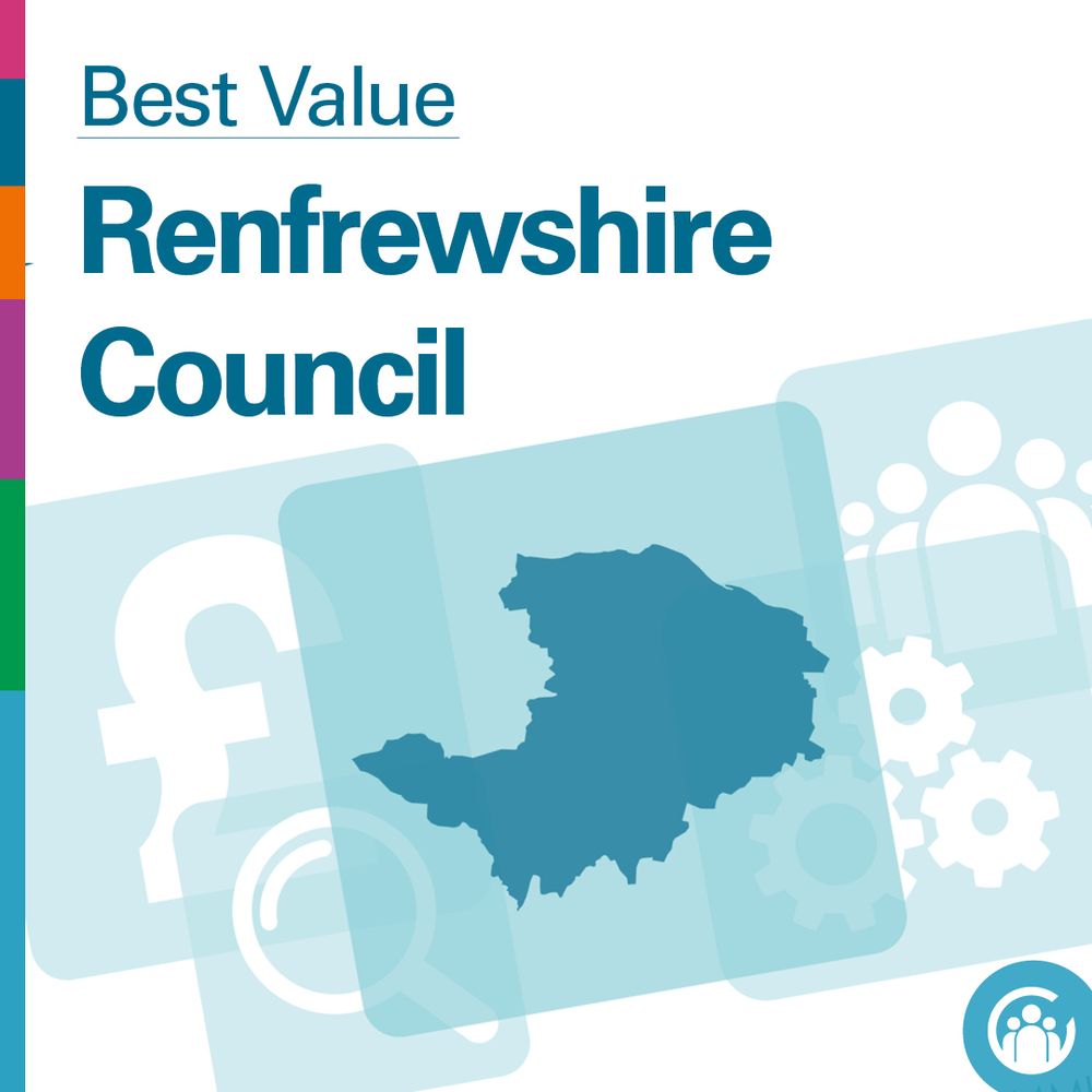 Text says: Best Value - Renfrewshire Council. Image: a blue icon representing the borders of Renfrewshire Council. In the background are four other icons in a lighter blue: a pound sign, a magnifying glass, people and cogs.