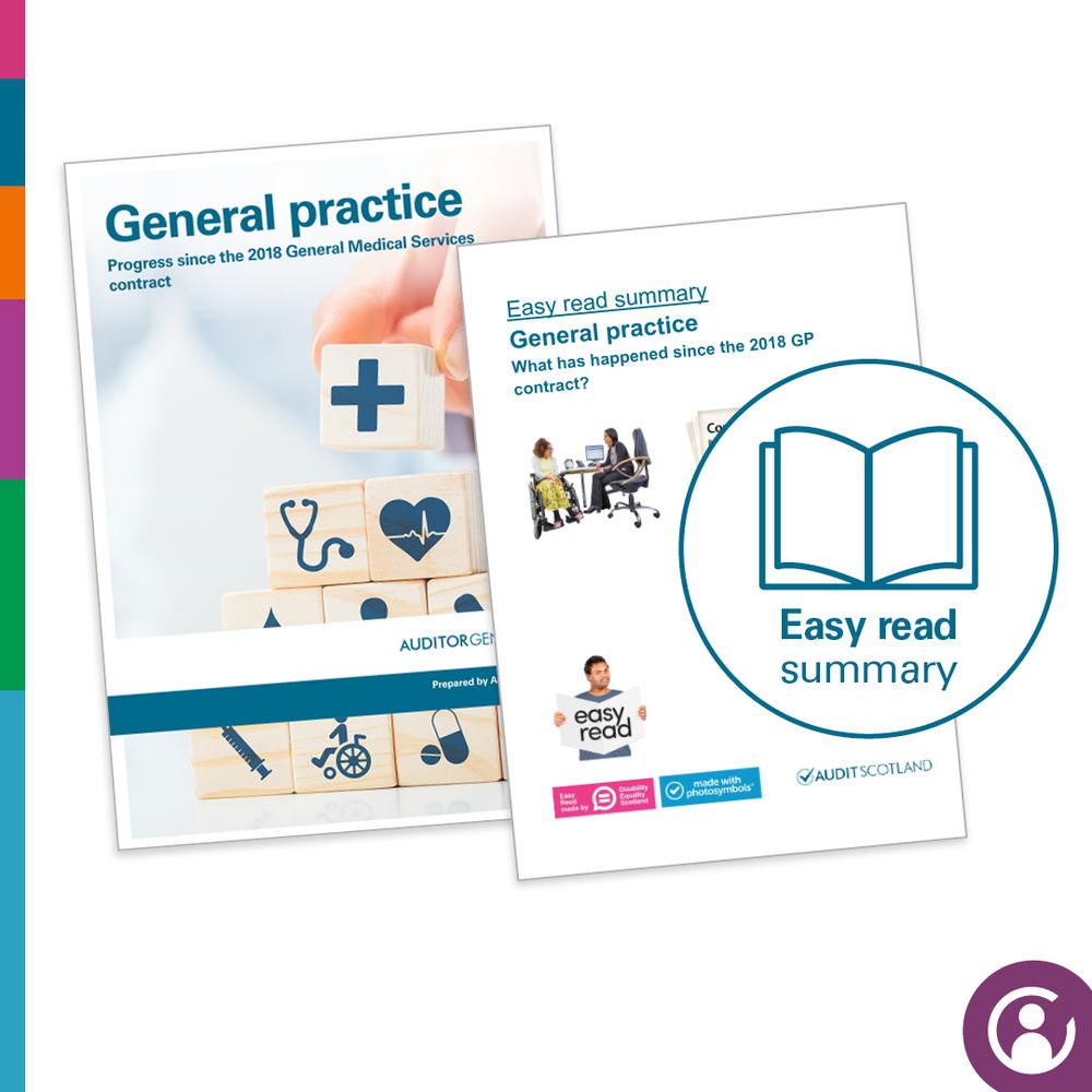 Three images are overlaid – two report covers and one logo. On the left, partially obscured by the report above it, is the report cover for ‘General practice - Progress since the 2018 General Medical Services contract’.  The cover includes an image of a hand building a tower of wooden blocks. The blocks form a pyramid-like structure, with the hand holding the topmost block, which contains a large plus sign (+). The blocks beneath it show various medical-related icons. Row two (left to right): a stethoscope and a heart monitor. Row three is obscured. Row four (left to right) is partially obscured: a syringe, a person using a wheelchair, pills and a final block which is fully obscured. 

The centre report page is partially obscured by a logo to the right. This report cover has the text ‘Easy read summary - General practice. What has happened since the 2018 GP contract?’.  The image features a graphic of a doctor and patient sitting in an examination room and a person holding open a large piece of paper. On the paper in large letters is ‘easy read’. 

The image on the right is a circle. It displays a graphic resembling an open book, with the words ‘Easy read summary’ below it.