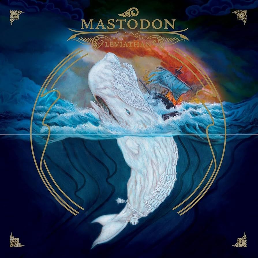 Cover art to the album Leviathan by Mastodon. Image is a painting depicting Moby Dick upending the Pequod.