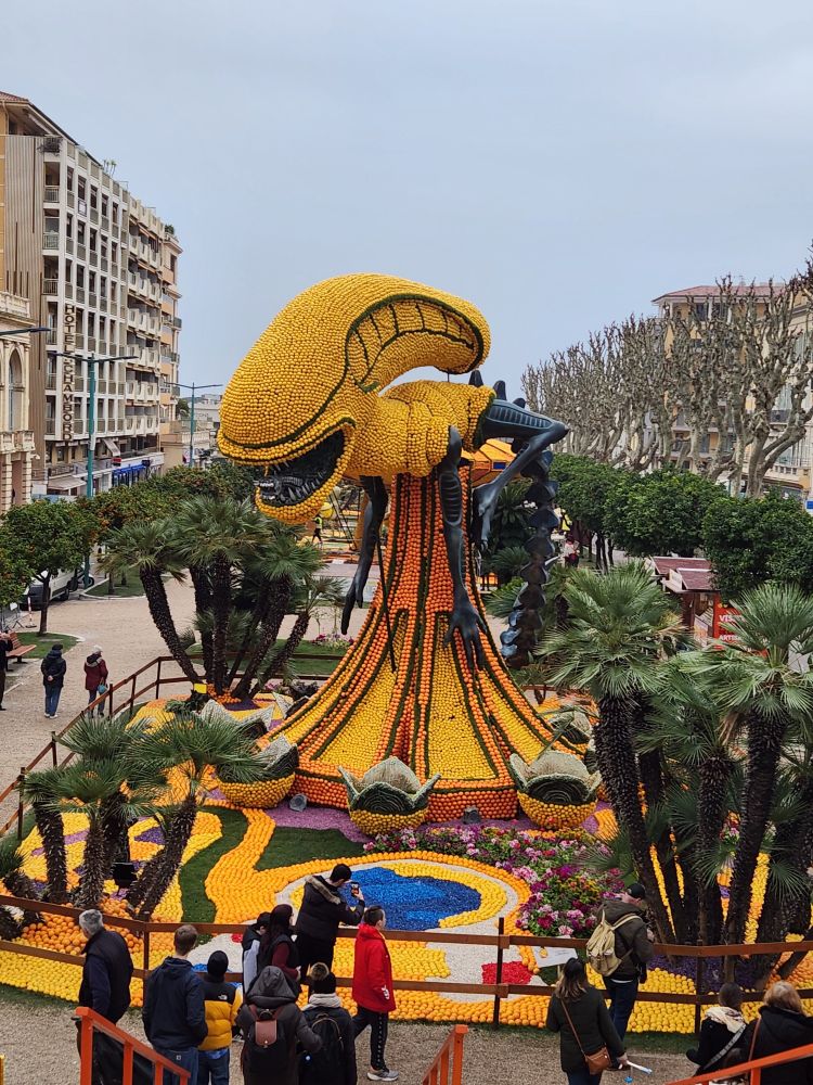 A statue made from citrus fruit