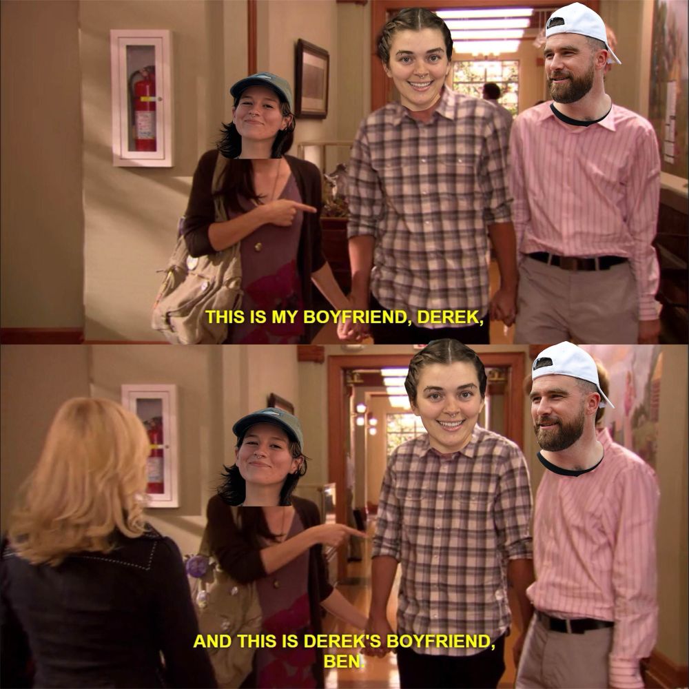 scene from parks & rec "this is my boyfriend derek", "and this is derek's boyfriend, ben"