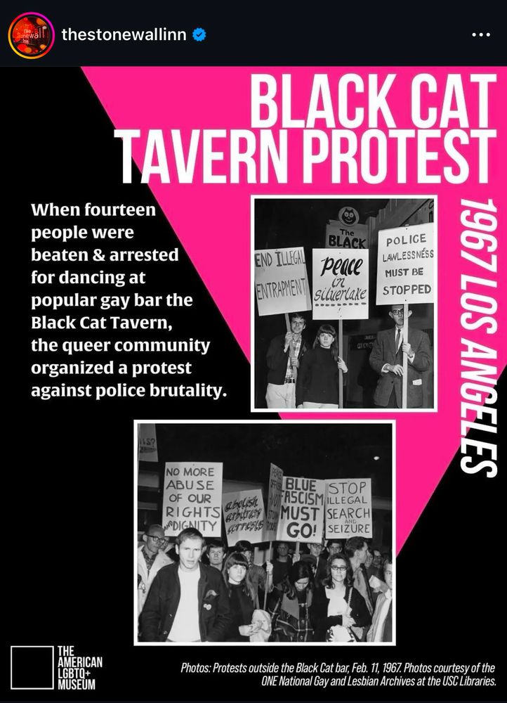 graphic posted by the stonewall inn, detailing the protest at the black cat tavern in los angeles in 1967.