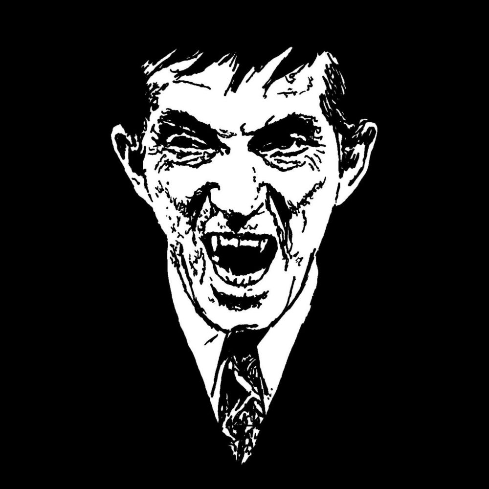 Pen drawing of Jonathan Frid as a vampire baring his fangs menacingly drawn on a black background.