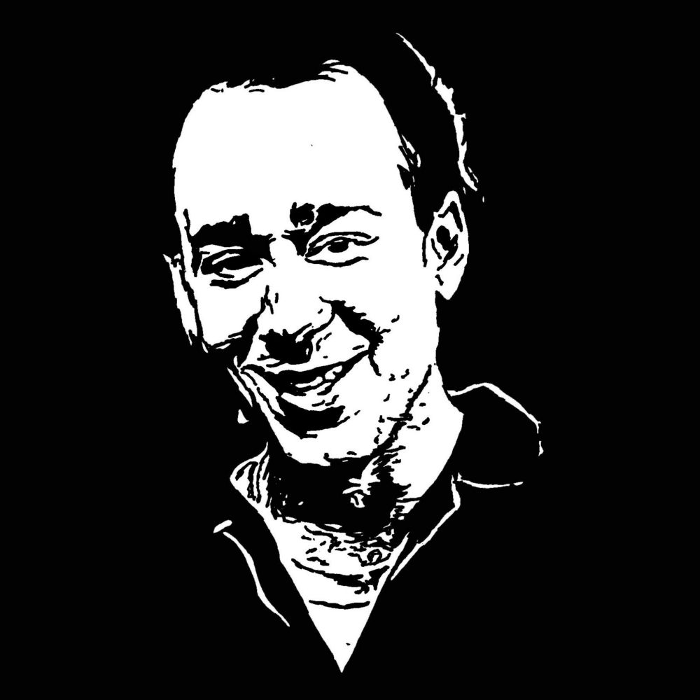 Pen drawing of Joel Hodgson wearing a sci-fi jumpsuit and smiling drawn on a black background.