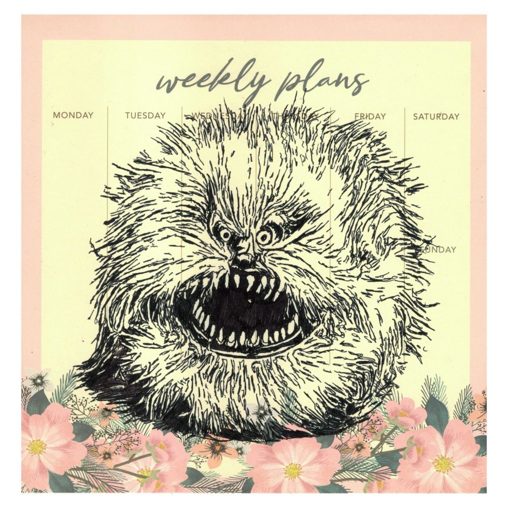 Pen drawing of a silly furry ball-like creature with sharp teeth and angry eyes drawn on torn weekly planner.