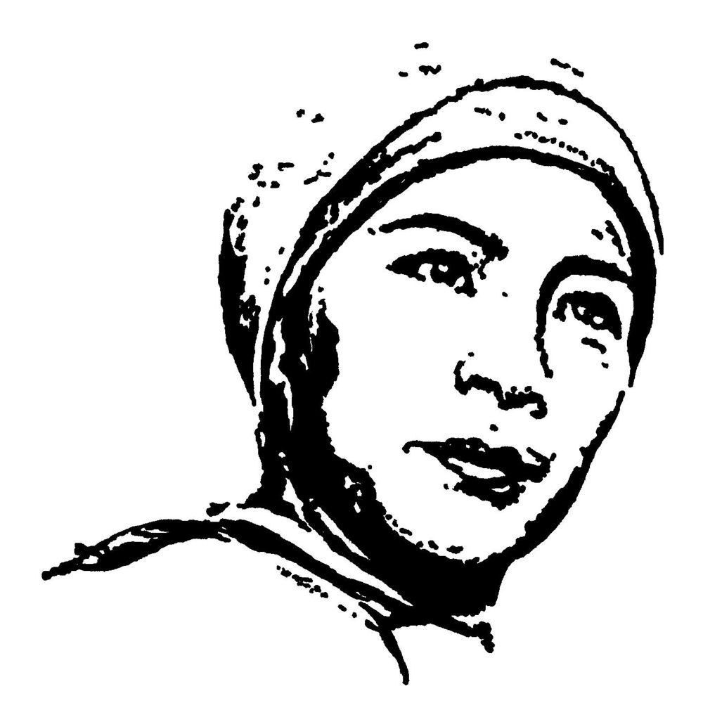 Pen drawing of Michelle Yeoh wearing a headcovering and smiling determinedly drawn on a white background.