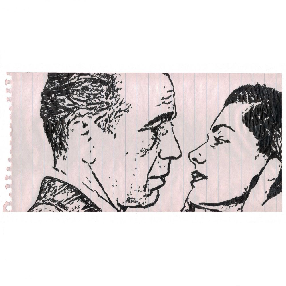 Pen drawing of Humphrey Bogart and Lauren Bacall staring deeply into each other’s eyes drawn on a torn-out long notebook sheet.