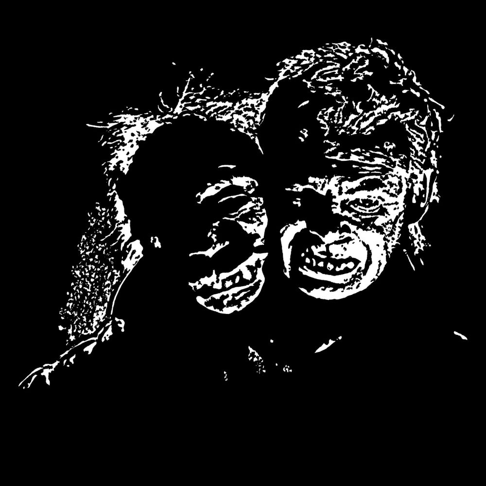 Black and white pop art drawing of a two-headed monster with one human head and one monstrous head drawn on a black background.