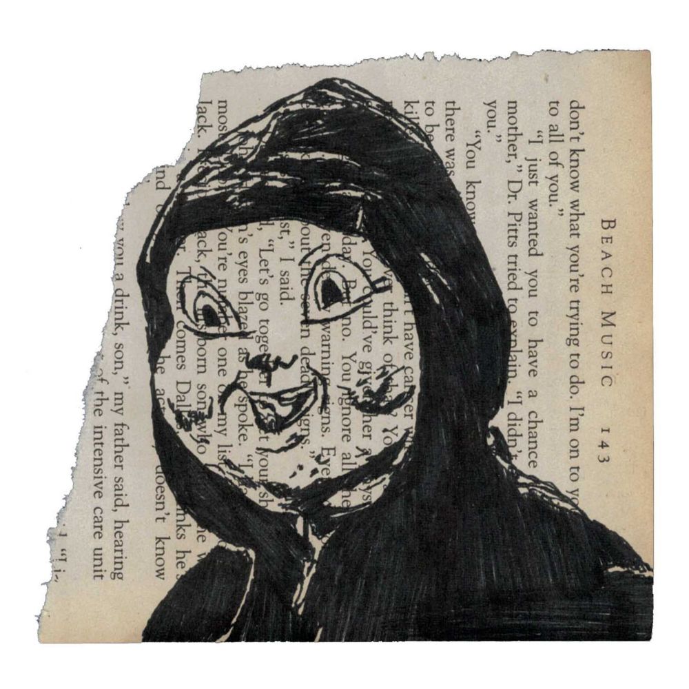 Pen drawing of a man wearing a hoodie and a baby mask drawn on a torn book page.