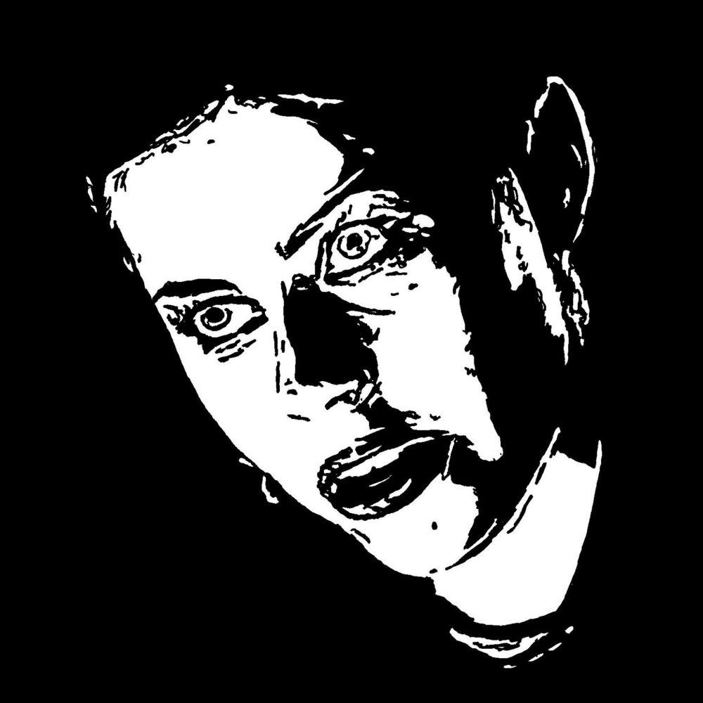 Pen drawing of Fairuza Balk looming to the left with a scary expression on her face drawn on a black background.