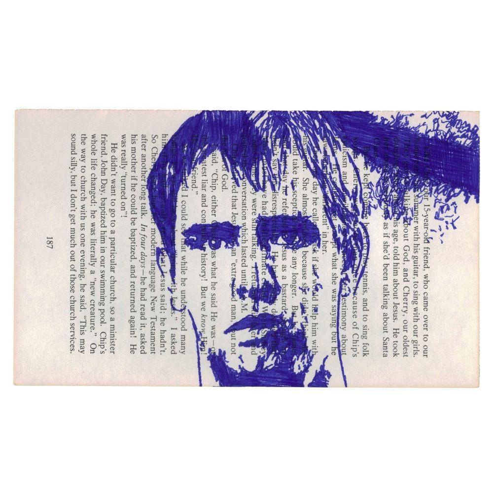 Pen drawing of Trey Parker looking worried drawn on a torn-out book page.