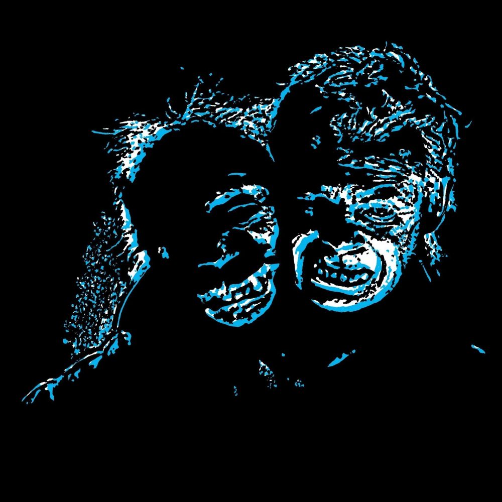 Cyan black and white pop art drawing of a two-headed monster with one human head and one monstrous head drawn on a black background.