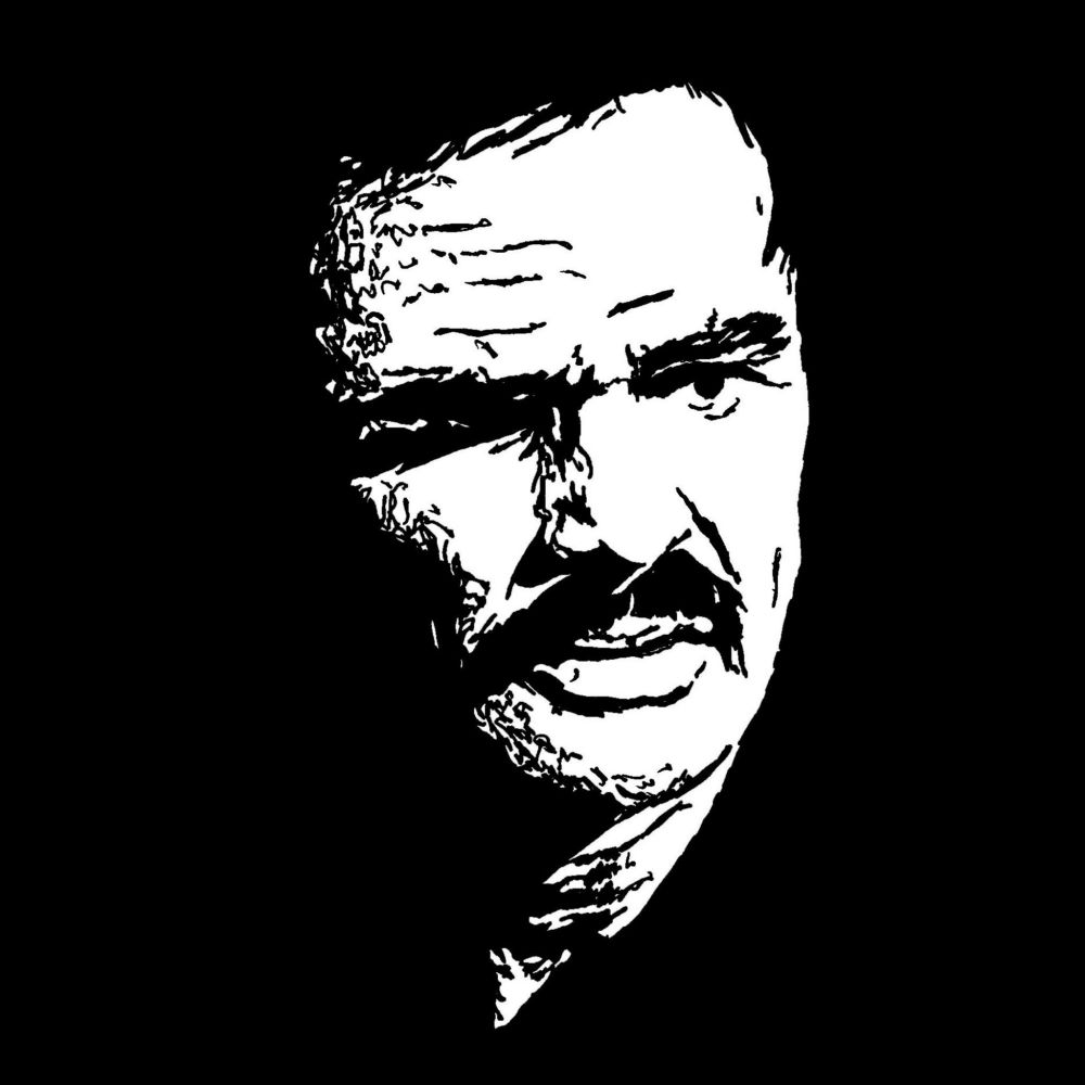 Pen drawing of Burt Reynolds looking to the right with a worried expression on his face drawn on a black background.