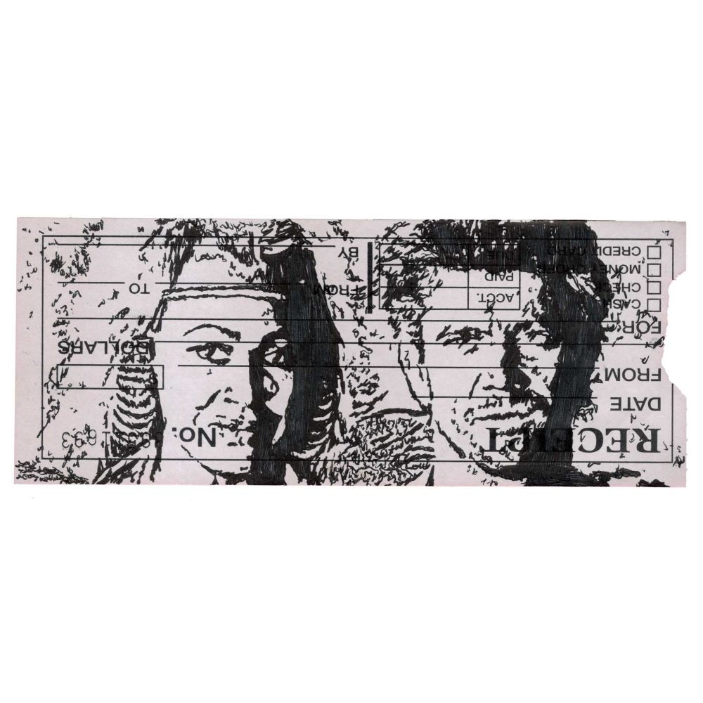 Pen drawing of Tina Turner and Mel Gibson in post-apocalyptic clothing drawn on a white receipt slip.