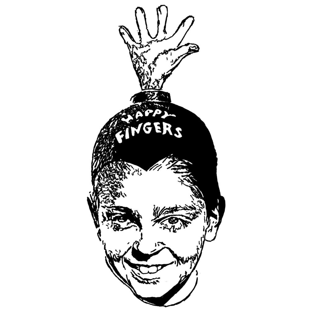 Pen drawing of a cartoonish boy wearing a surreal hat drawn on a white background.